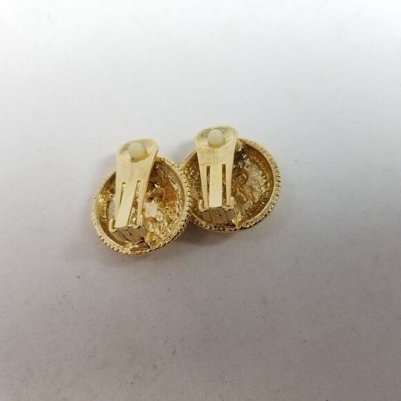 Vintage Gold Tone Button Shape Round Clip On Earrings, Retro 80s Style X Design - Picture 2 of 5